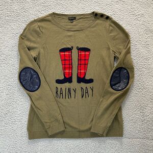 Talbots Sweater Womens Medium Green Rainy Day Rain Boot Novelty‎ Elbow Patch